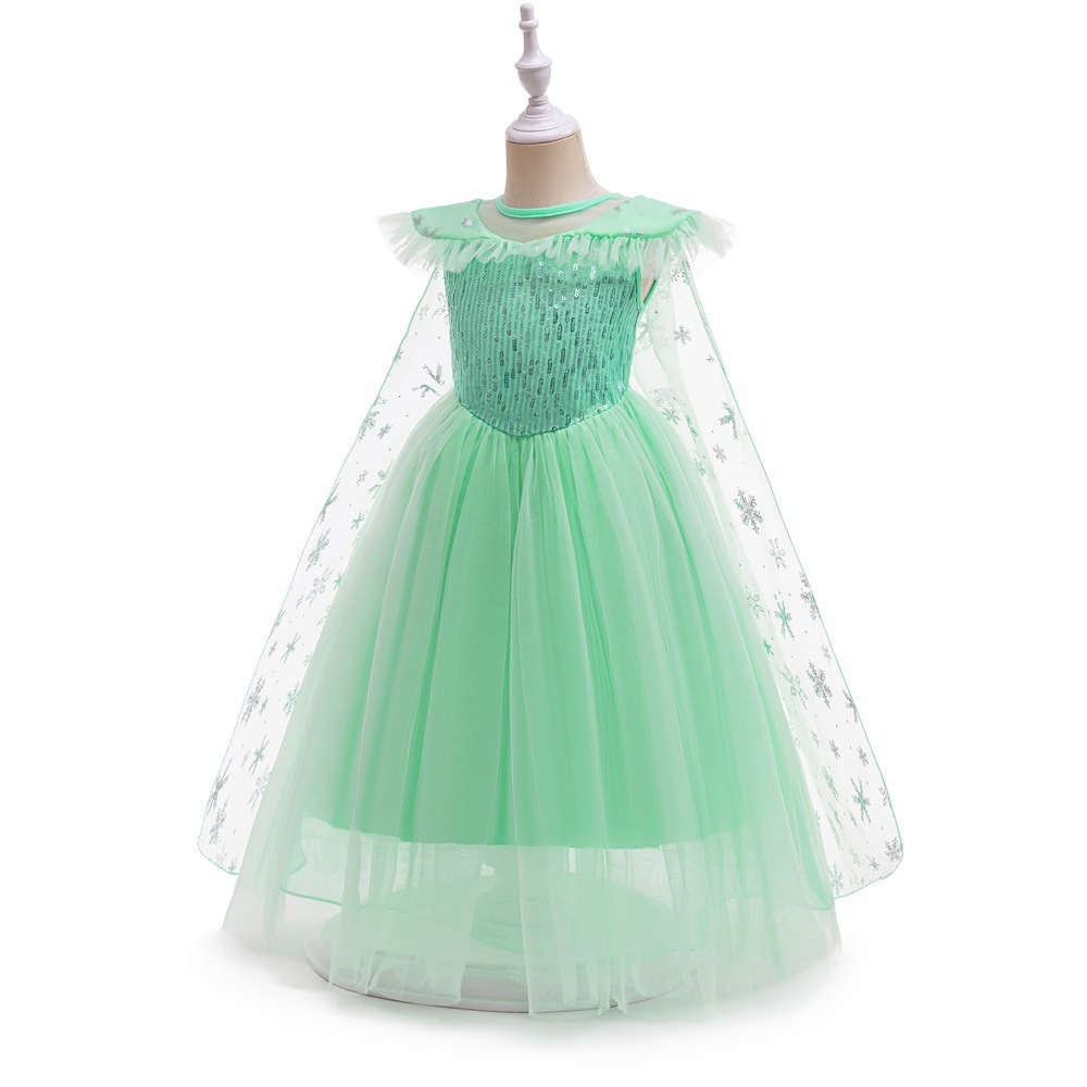 Elegant Frozen Elsa-Inspired Children's Dresses: Mint Green & Lavender Tulle Layers, Shimmering Sequins & Snowflake Embroidery for Magical Occasions Like Halloween, Parties & Cosplay
