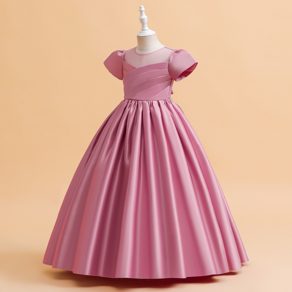 Elegant Burgundy & Maroon Satin Dresses for Girls - Pleated Bodices, Bow Accents & Elastic Waistbands, Luxurious Mesh Details for Special Occasions