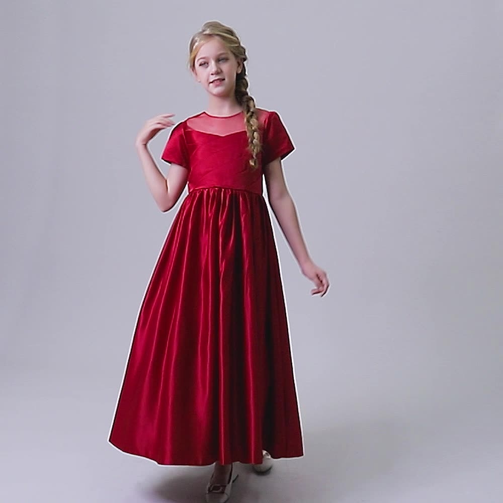Elegant Burgundy & Maroon Satin Dresses for Girls - Pleated Bodices, Bow Accents & Elastic Waistbands, Luxurious Mesh Details for Special Occasions
