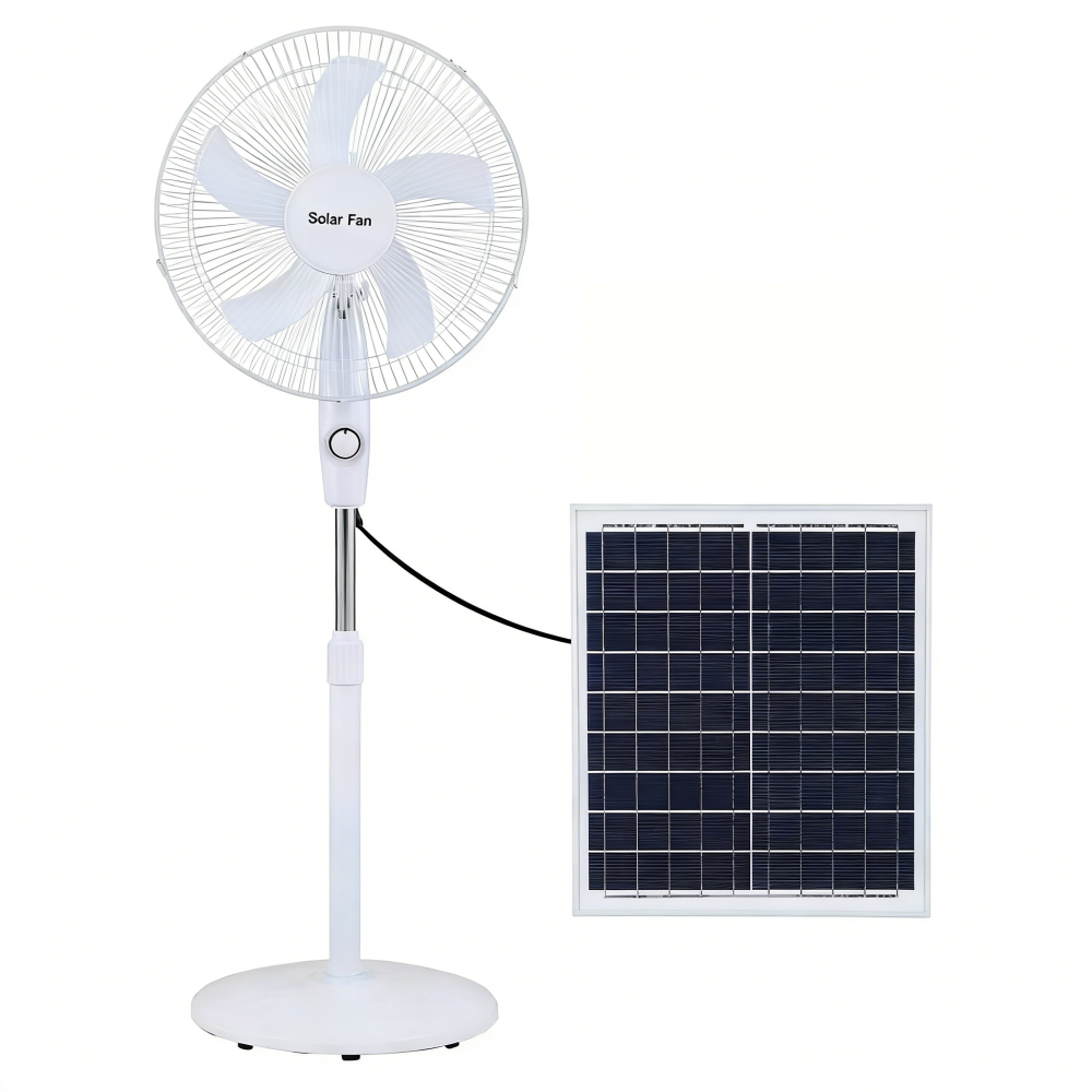 Solar Standing Fan | 5-6 Hour Runtime | Compact Design | Pure White Finish