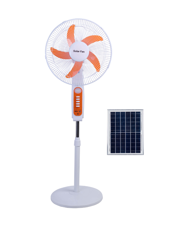 Orange Solar Standing Fan with DC Output | Double Row Night Light | 20W Panel | 12 Hour Extended Runtime