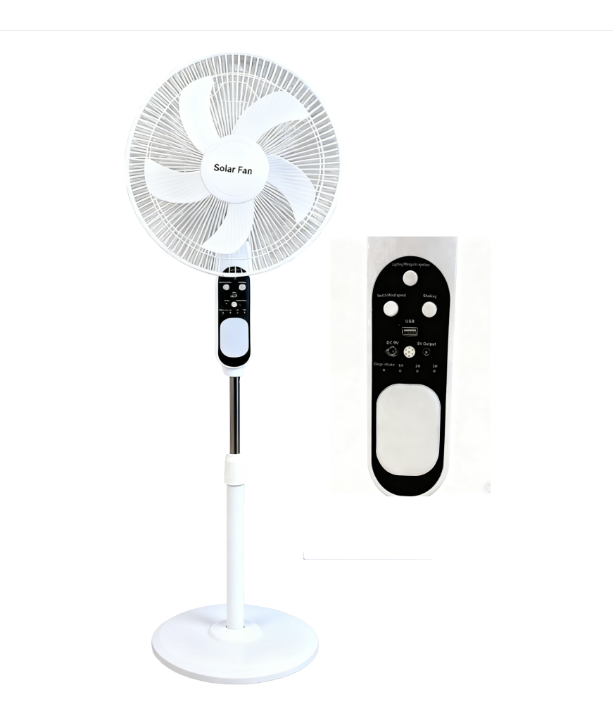 Solar Standing Fan with DC Output | Mosquito Repellent & Night Light | 20W Panel | 7-8 Hour Cooling