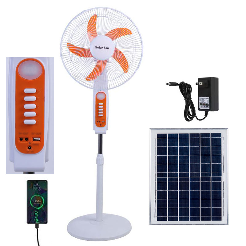 Orange Solar Standing Fan with DC Output | Double Row Night Light | 20W Panel | 12 Hour Extended Runtime