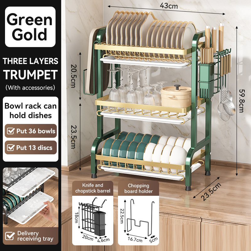 Carbon Steel Dish Drying Rack with Drain Tray, Multi-Layer Kitchen Organizer