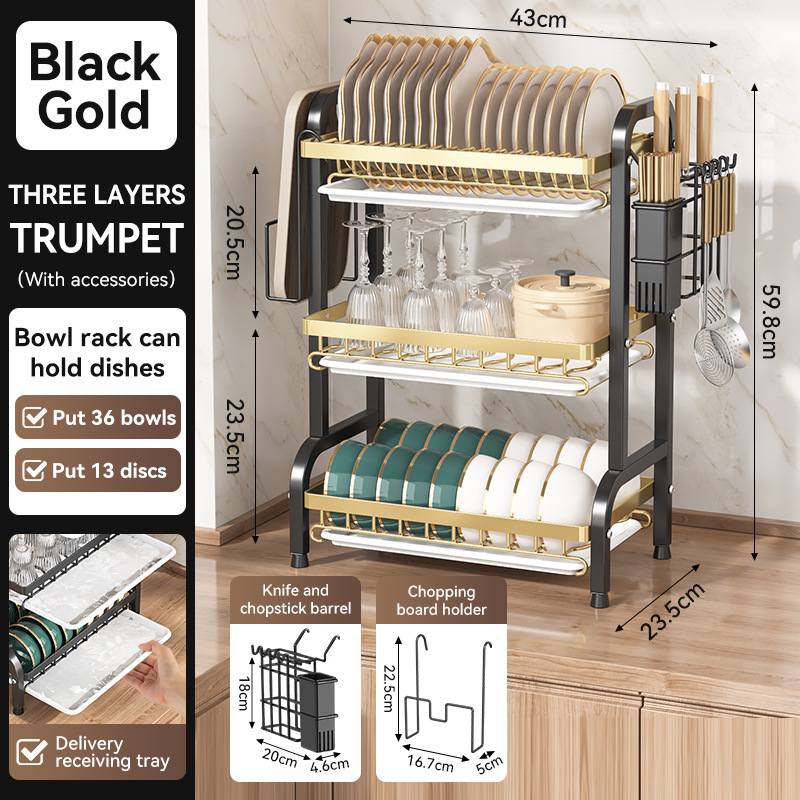 Carbon Steel Dish Drying Rack with Drain Tray, Multi-Layer Kitchen Organizer