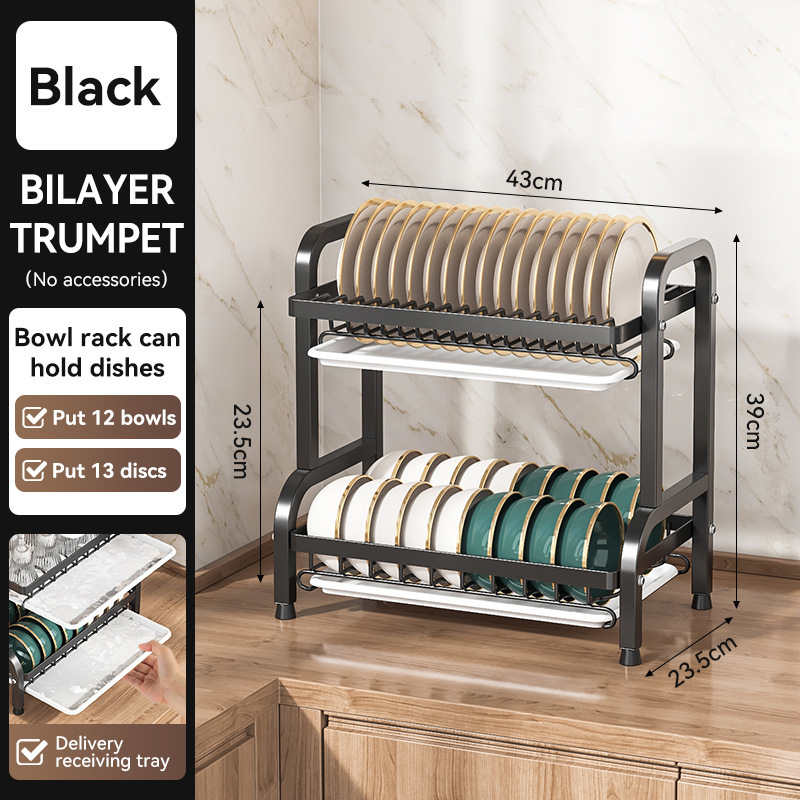 Carbon Steel Dish Drying Rack with Drain Tray, Multi-Layer Kitchen Organizer