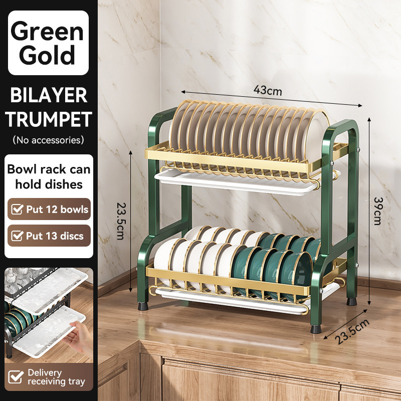 Carbon Steel Dish Drying Rack with Drain Tray, Multi-Layer Kitchen Organizer