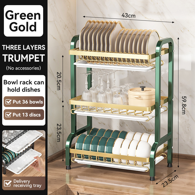 Carbon Steel Dish Drying Rack with Drain Tray, Multi-Layer Kitchen Organizer