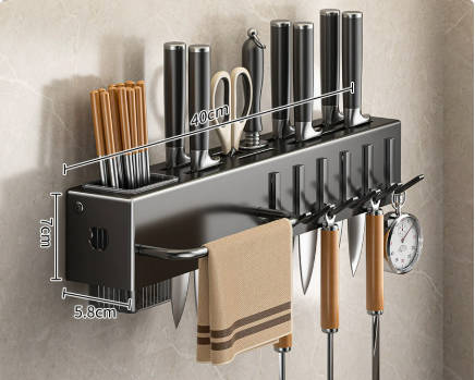 No-Drill Multifunctional Kitchen Knife Holder, Wall-Mounted Utensil Organizer