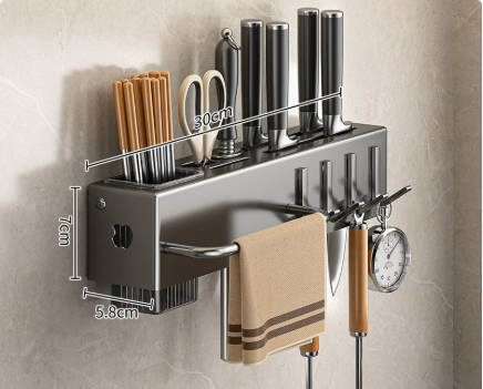 No-Drill Multifunctional Kitchen Knife Holder, Wall-Mounted Utensil Organizer