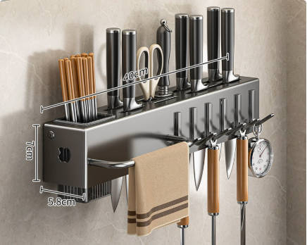 No-Drill Multifunctional Kitchen Knife Holder, Wall-Mounted Utensil Organizer