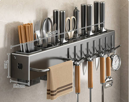 No-Drill Multifunctional Kitchen Knife Holder, Wall-Mounted Utensil Organizer