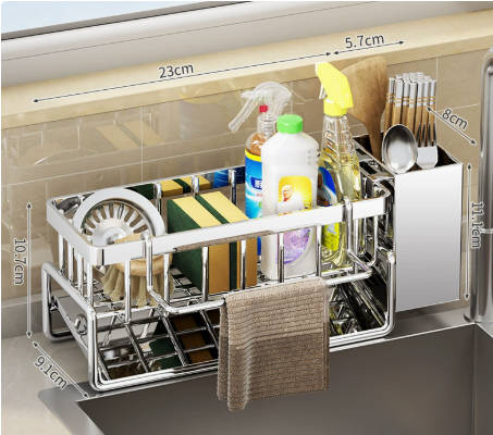 Stainless Steel Sink Caddy Organizer, Kitchen Sink Drying Rack with Drain Tray