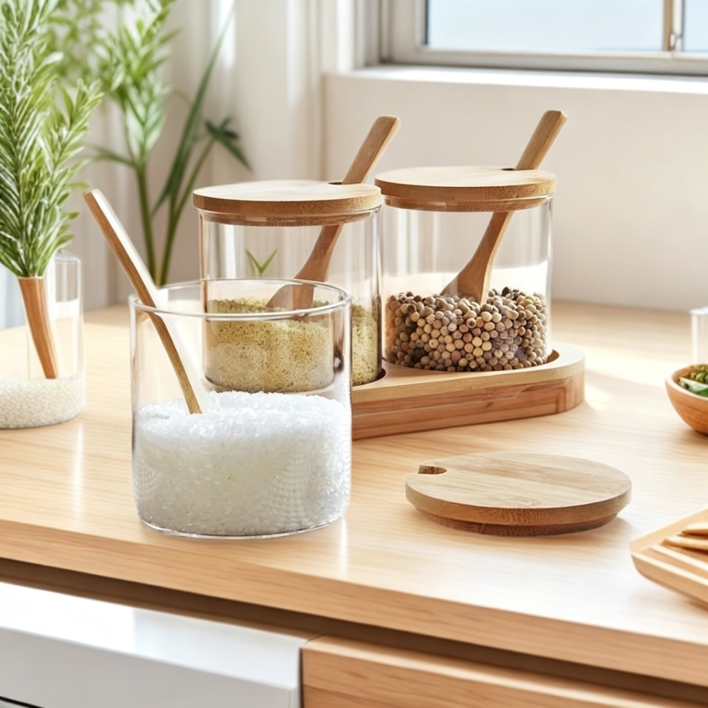 Kitchen Glass Spice Jars Set with Bamboo Lids & Base Tray, Borosilicate Glass Seasoning Containers