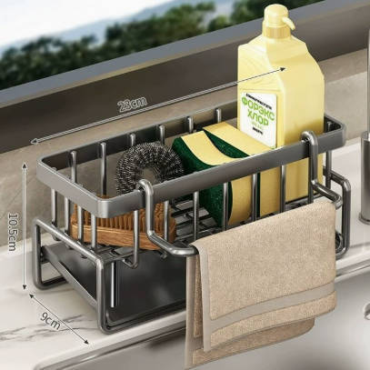 Stainless Steel Sink Caddy Organizer, Kitchen Sink Drying Rack with Drain Tray