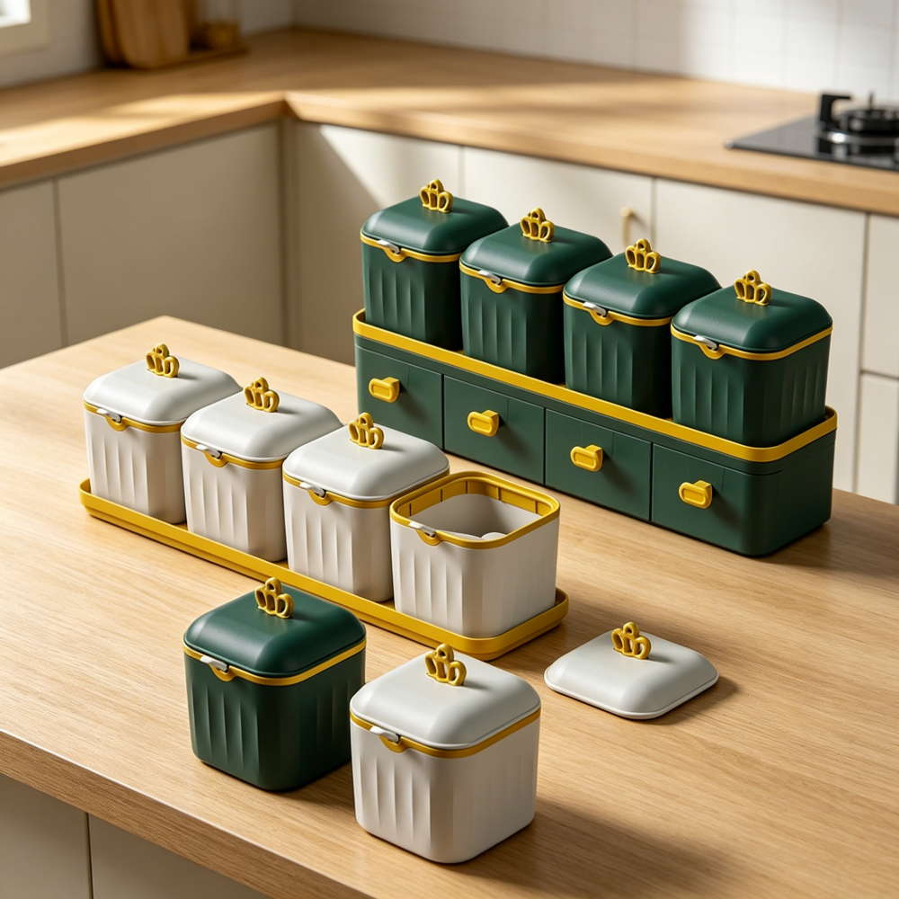 Luxury Spice Jar Set with Double-Layer Drawer, Moisture-Proof Seasoning Containers for Kitchen
