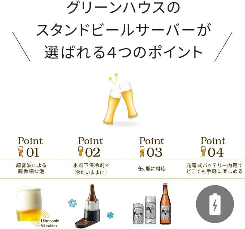 GREEN HOUSE 超極緻音波 啤酒發泡機 家庭用充電式 戶外用電池式 GH-BEERSSEC