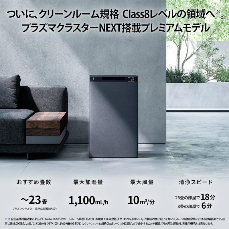 SHARP 夏普 KI-TX100-H 空氣清淨機｜Plasmacluster NEXT 高濃度離子｜適用46畳｜加濕功能｜自動內部清洗｜10年長效濾網｜花粉・病毒・異味對策｜最大加濕量1100mL/h