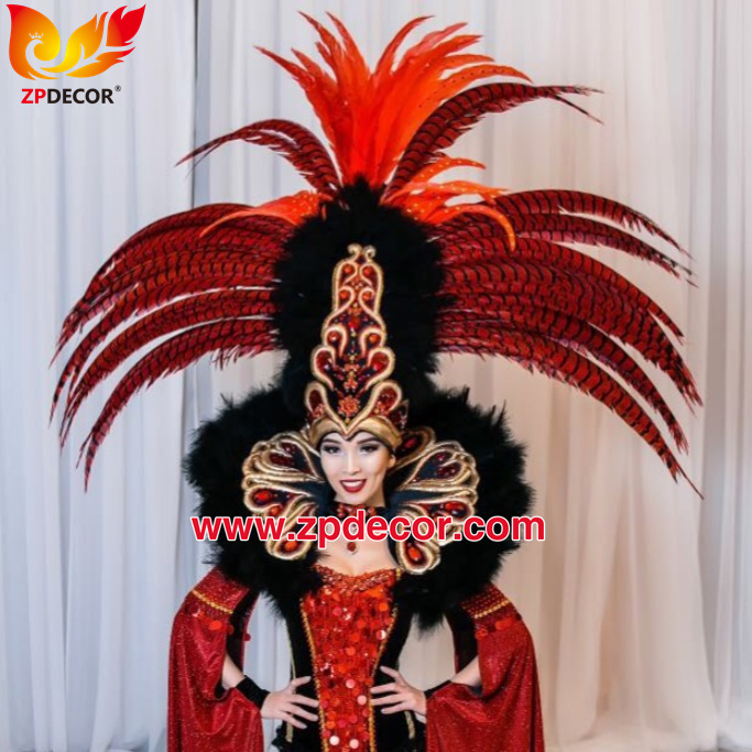 Zpdecor Feathers Factory Wholesale Dyed Red Lady Amherst Pheasant Zebra Tail Feathers for Carnival Costumes Design