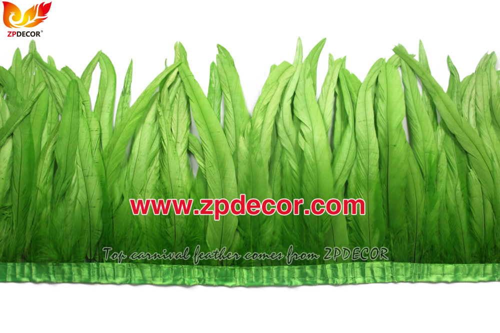 Zpdecor Feathers Factory Wholesale 25-30 cm Bleached Dyed Lime Green Rooster Coque Tail Feathers Trim for Bahams Jankanoo Carnival
