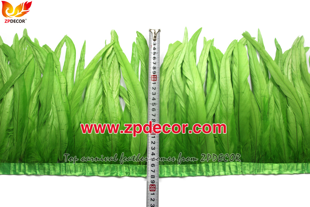 Zpdecor Feathers Factory Wholesale 25-30 cm Bleached Dyed Lime Green Rooster Coque Tail Feathers Trim for Bahams Jankanoo Carnival