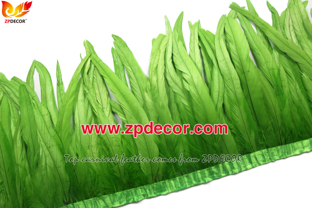 Zpdecor Feathers Factory Wholesale 25-30 cm Bleached Dyed Lime Green Rooster Coque Tail Feathers Trim for Bahams Jankanoo Carnival