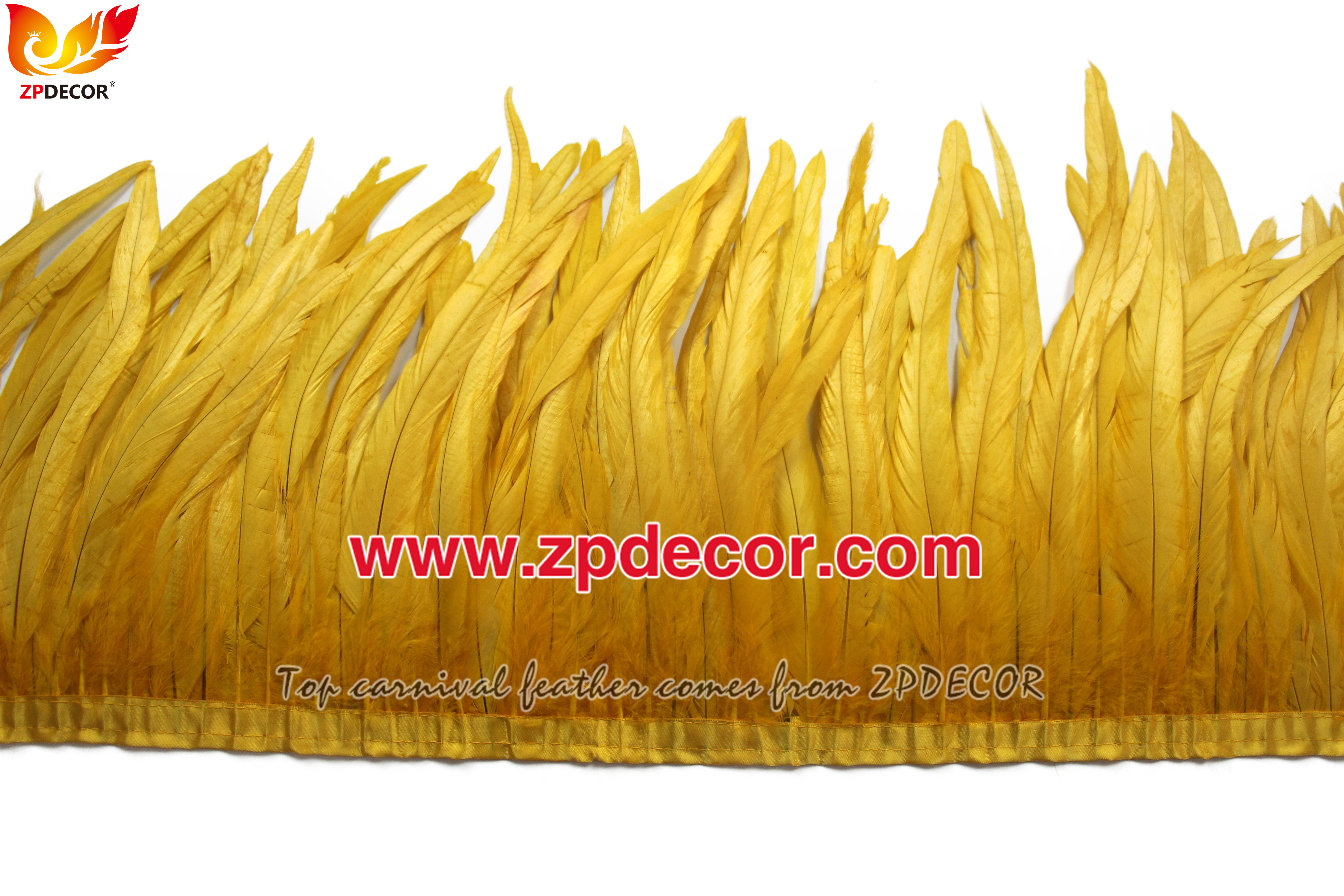 Zpdecor Feathers Factory Wholesale 25-30 cm Bleached Dyed Gold Yellow Rooster Coque Tail Feathers Trim for Notting Hill Carnival