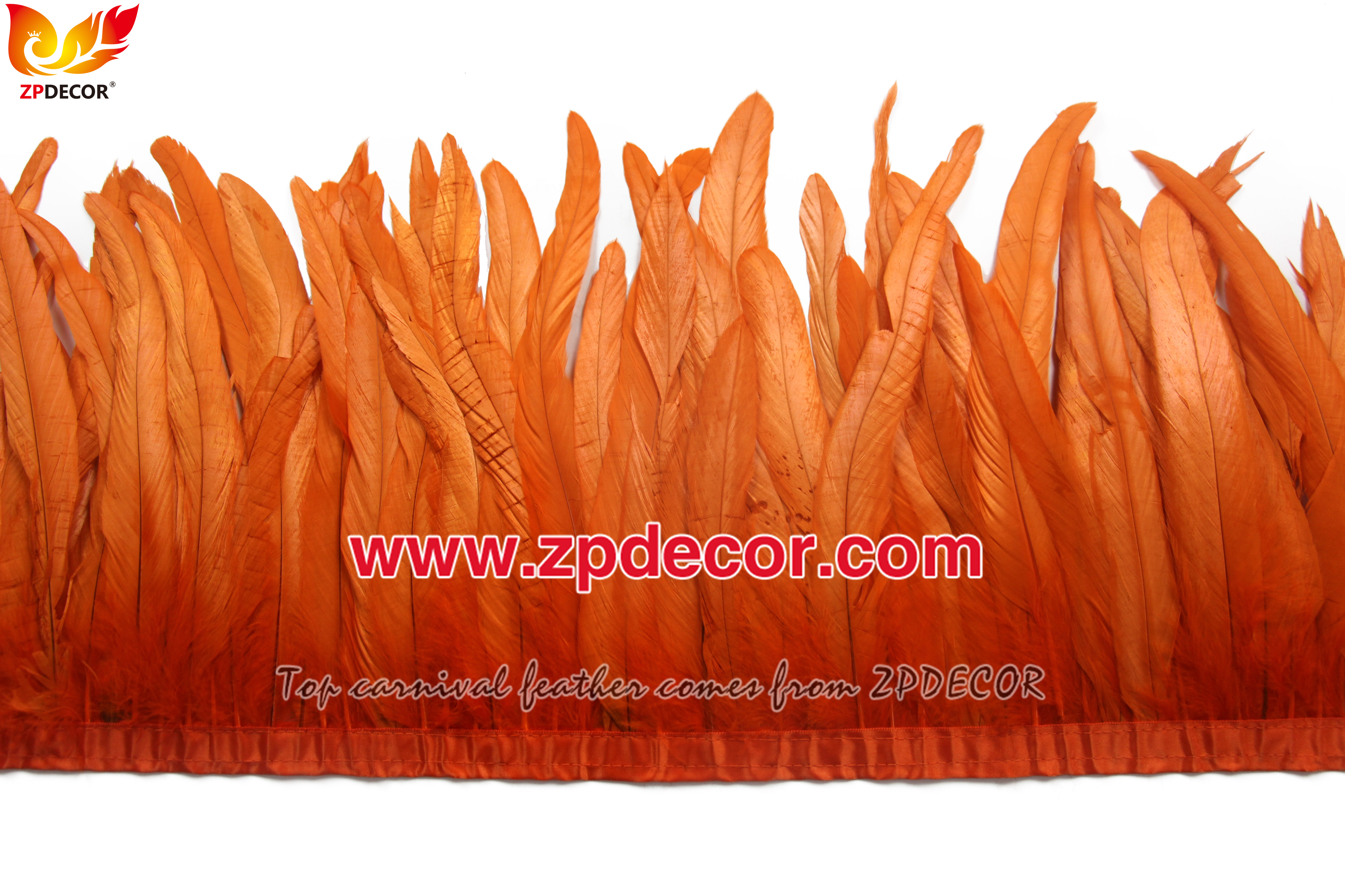 Zpdecor Feathers Factory Wholesale 25-30 cm Bleached Dyed Orange Rooster Coque Tail Feathers Trim for Carnival Costumes Design