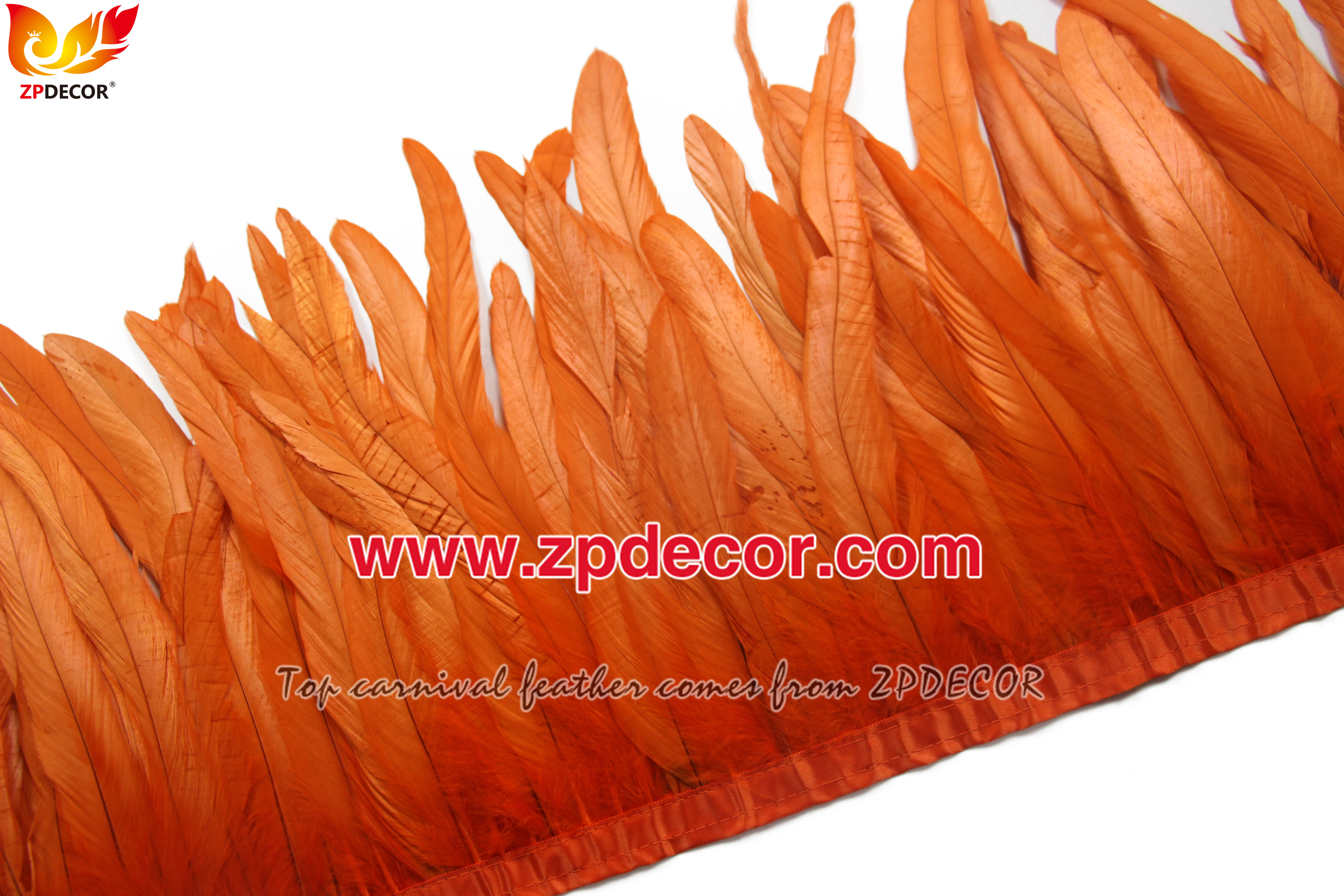 Zpdecor Feathers Factory Wholesale 25-30 cm Bleached Dyed Orange Rooster Coque Tail Feathers Trim for Carnival Costumes Design