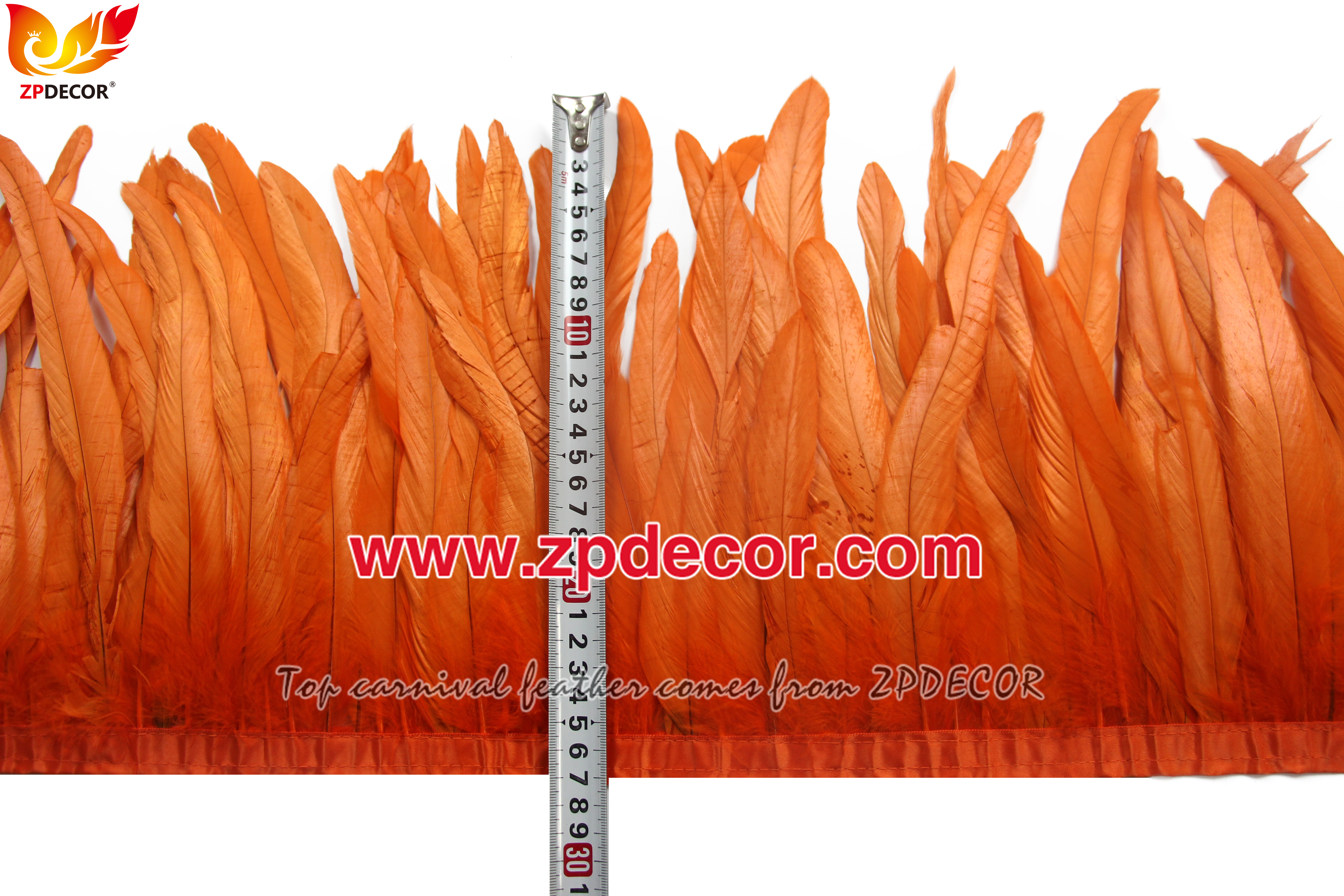 Zpdecor Feathers Factory Wholesale 25-30 cm Bleached Dyed Orange Rooster Coque Tail Feathers Trim for Carnival Costumes Design