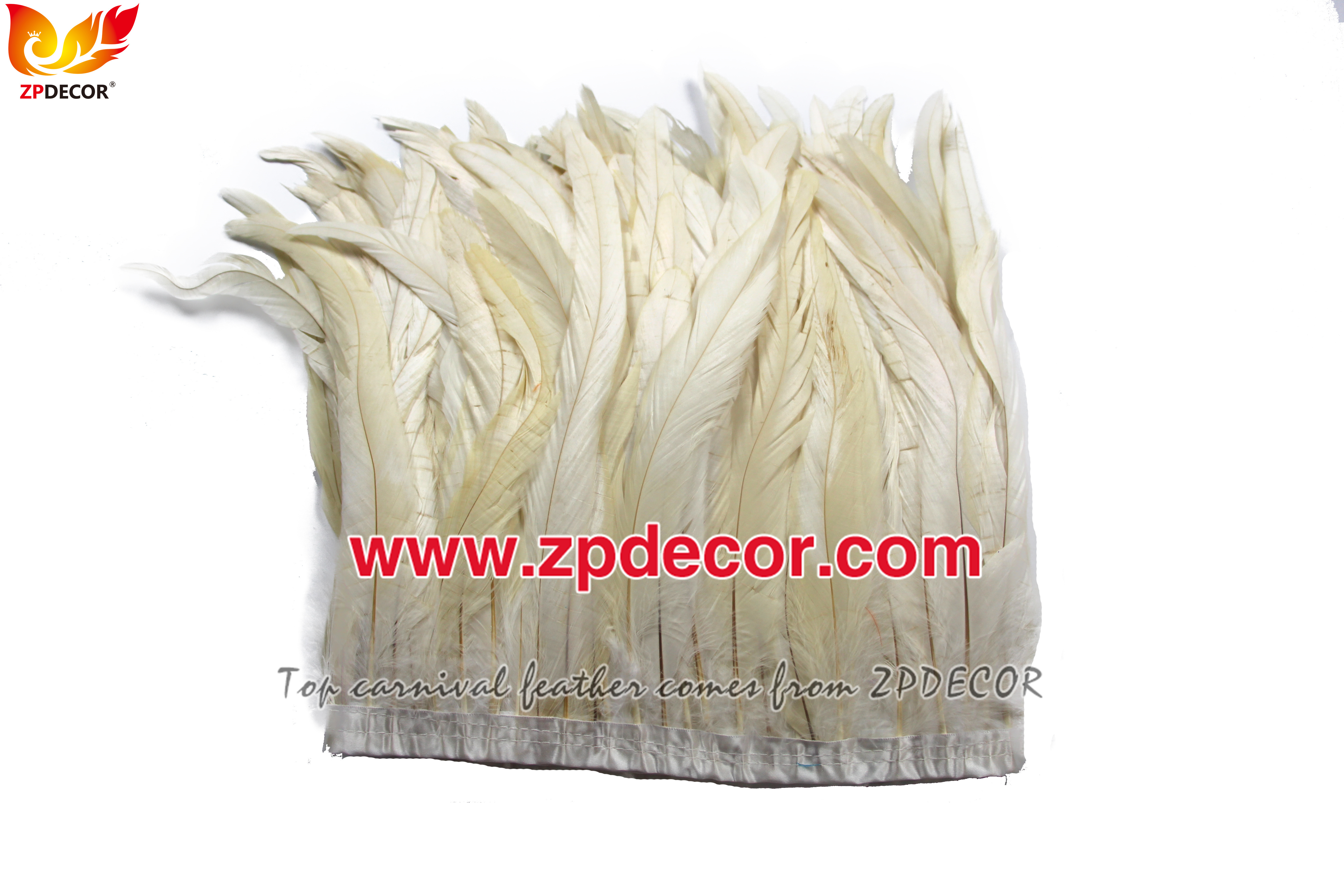 Zpdecor Feathers Factory Wholesale 25-30 cm Bleached Dyed Beige White Rooster Coque Tail Feathers Trim for Dominica Carnival Costumes