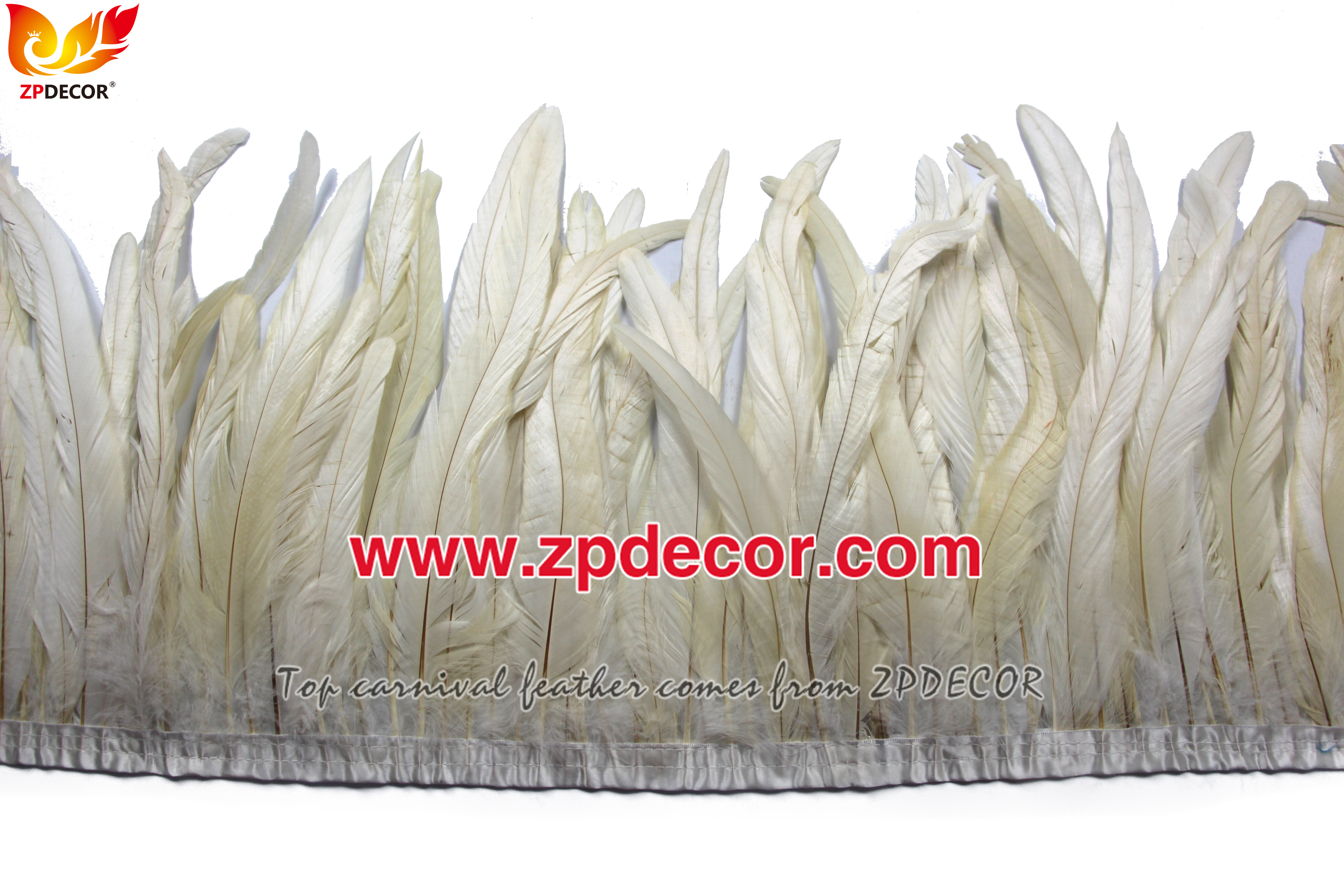 Zpdecor Feathers Factory Wholesale 25-30 cm Bleached Dyed Beige White Rooster Coque Tail Feathers Trim for Dominica Carnival Costumes
