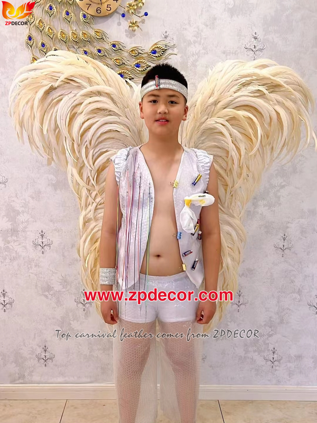 Zpdecor Feathers Factory Wholesale 25-30 cm Bleached Dyed Beige White Rooster Coque Tail Feathers Trim for Miami Carnival Costumes