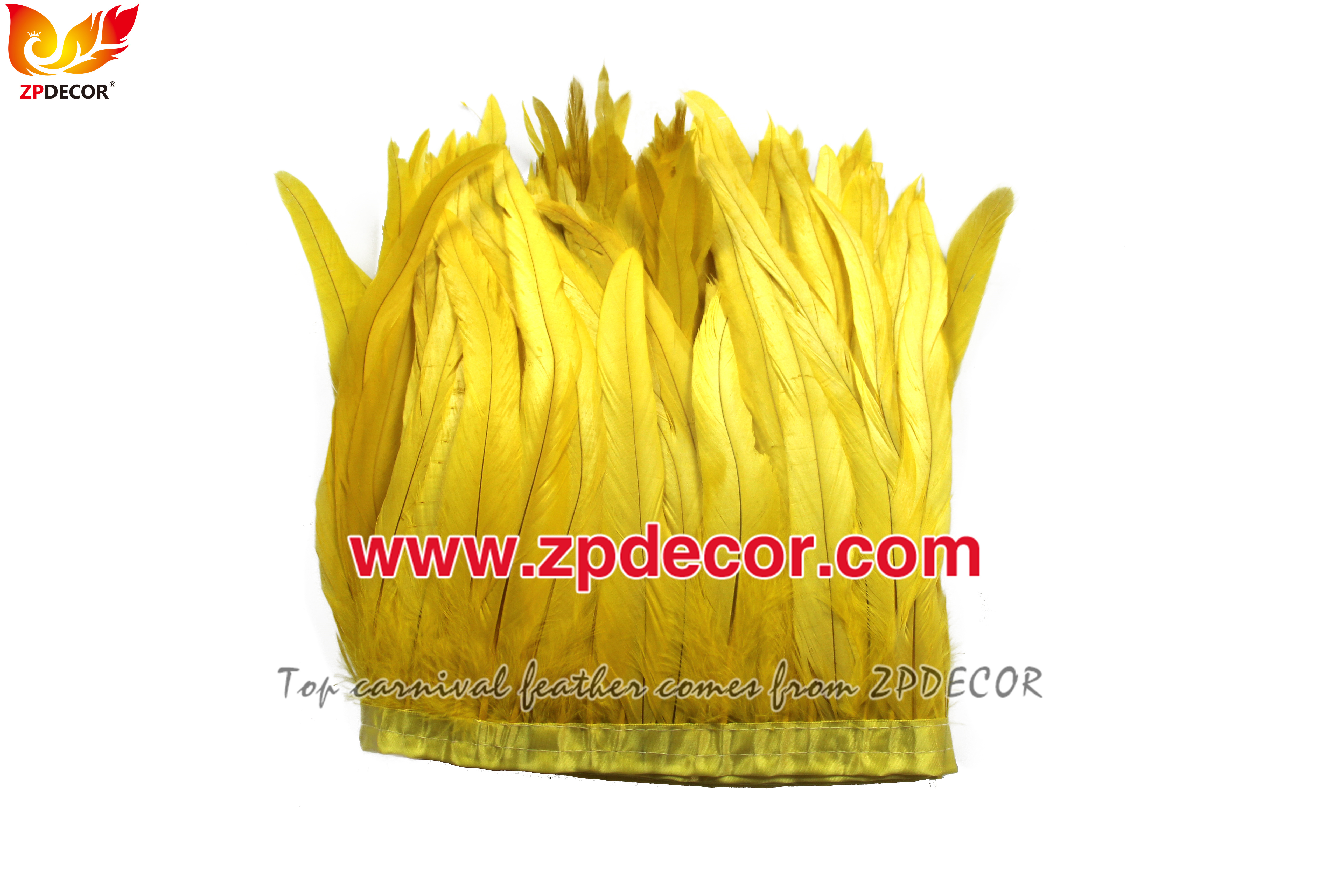 Zpdecor Feathers Factory Wholesale 25-30 cm Bleached Dyed Yellow Rooster Coque Tail Feathers Trim for Bahams Jankanoo Carnival