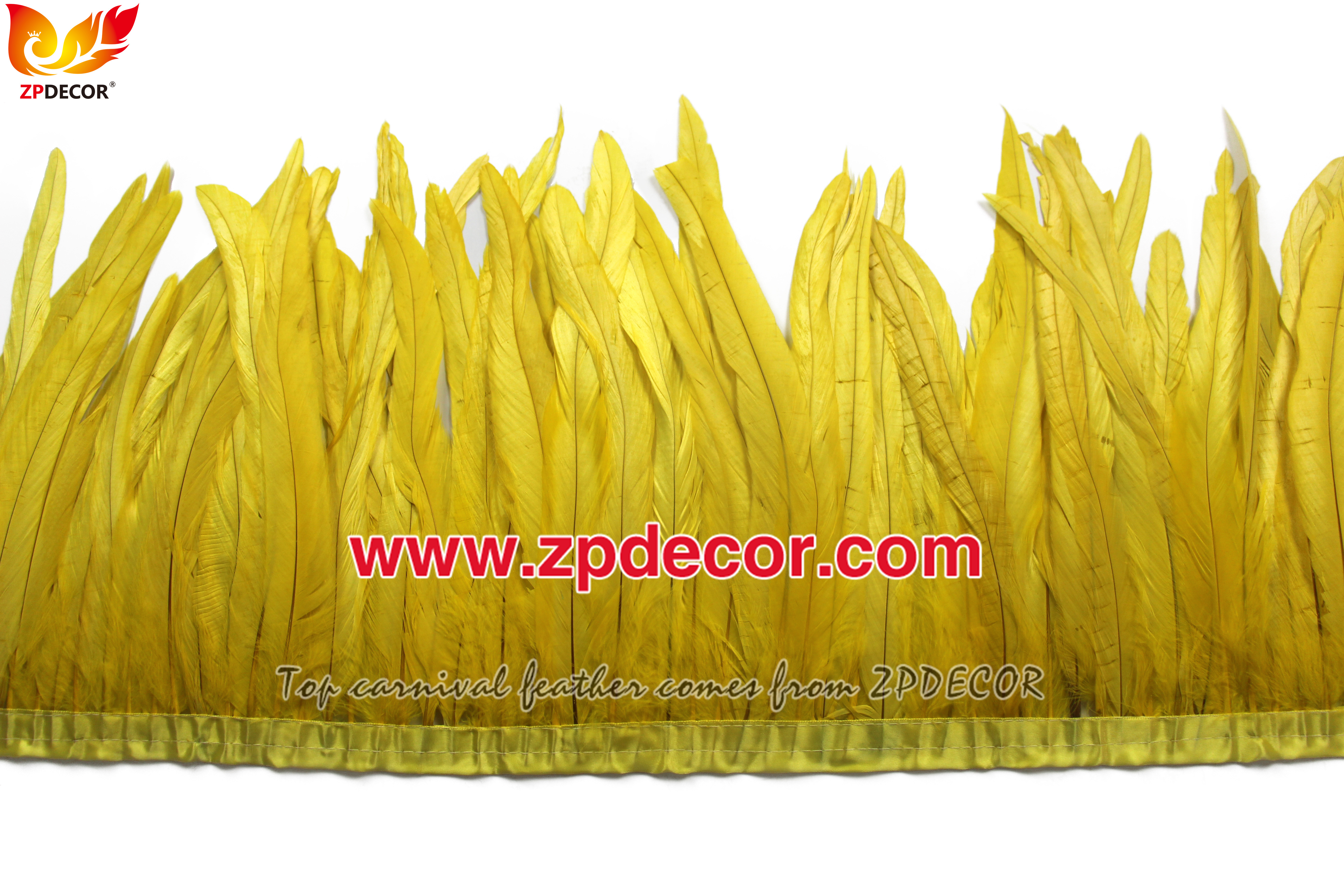 Zpdecor Feathers Factory Wholesale 25-30 cm Bleached Dyed Yellow Rooster Coque Tail Feathers Trim for Bahams Jankanoo Carnival