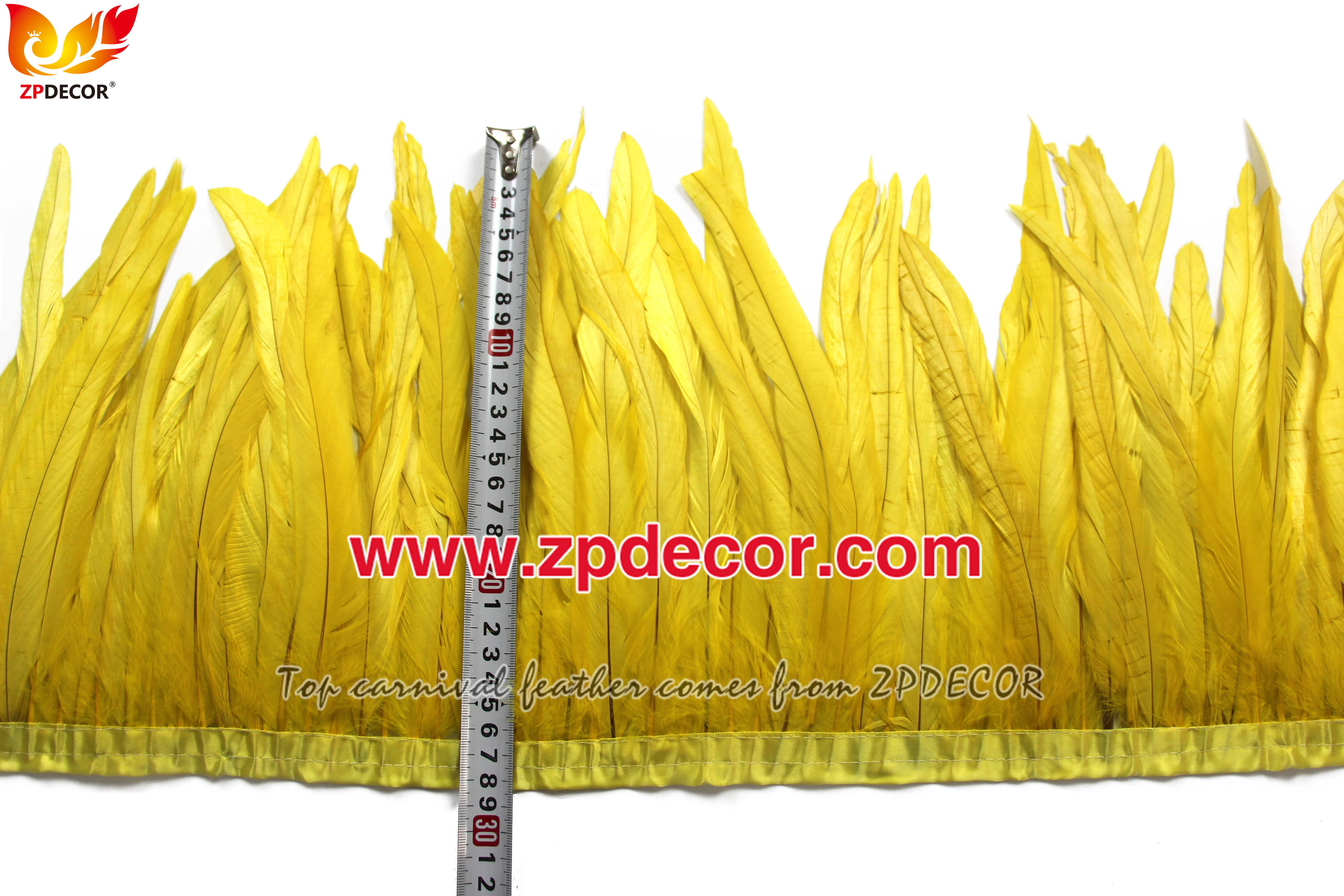 Zpdecor Feathers Factory Wholesale 25-30 cm Bleached Dyed Yellow Rooster Coque Tail Feathers Trim for Bahams Jankanoo Carnival