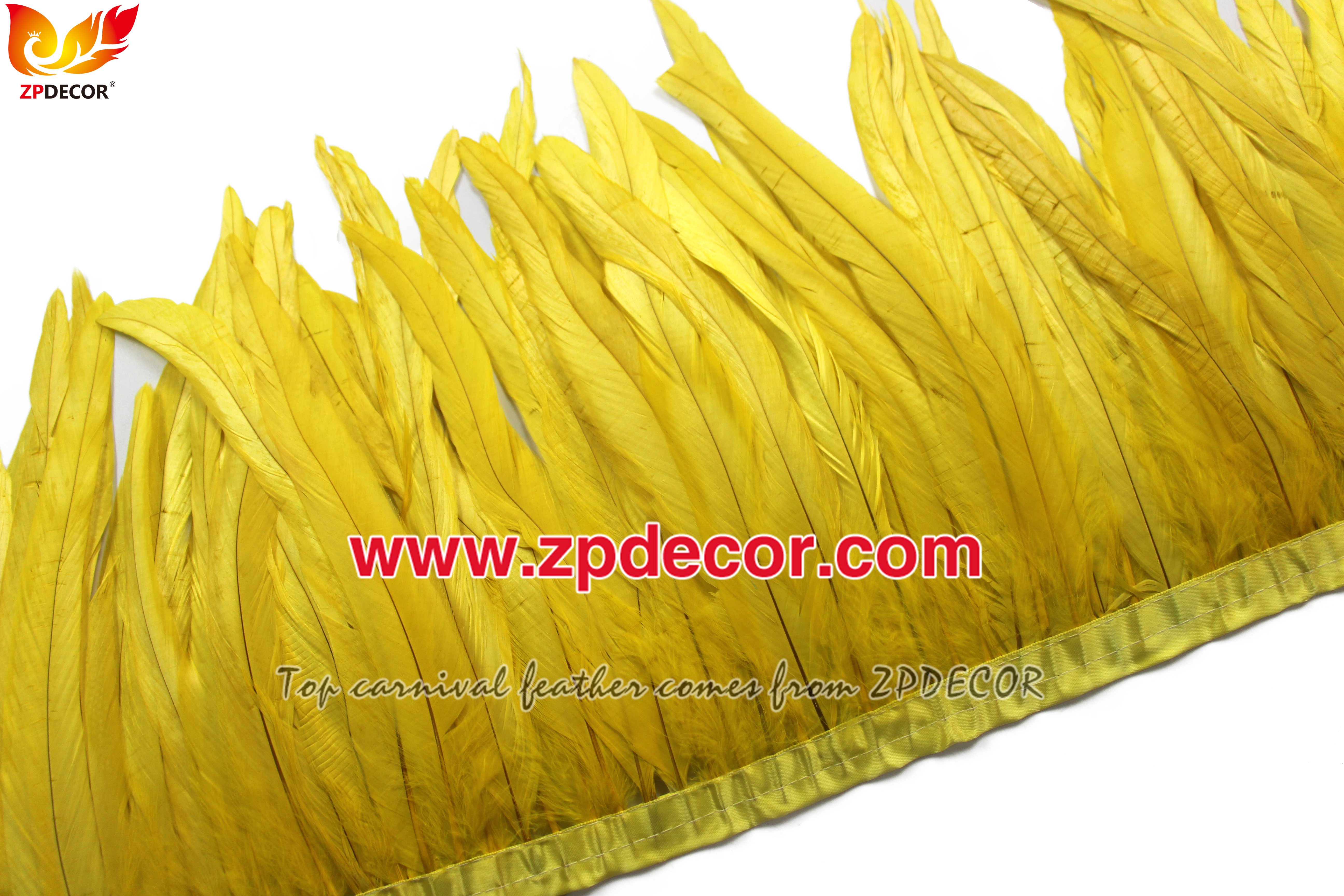 Zpdecor Feathers Factory Wholesale 25-30 cm Bleached Dyed Yellow Rooster Coque Tail Feathers Trim for Bahams Jankanoo Carnival