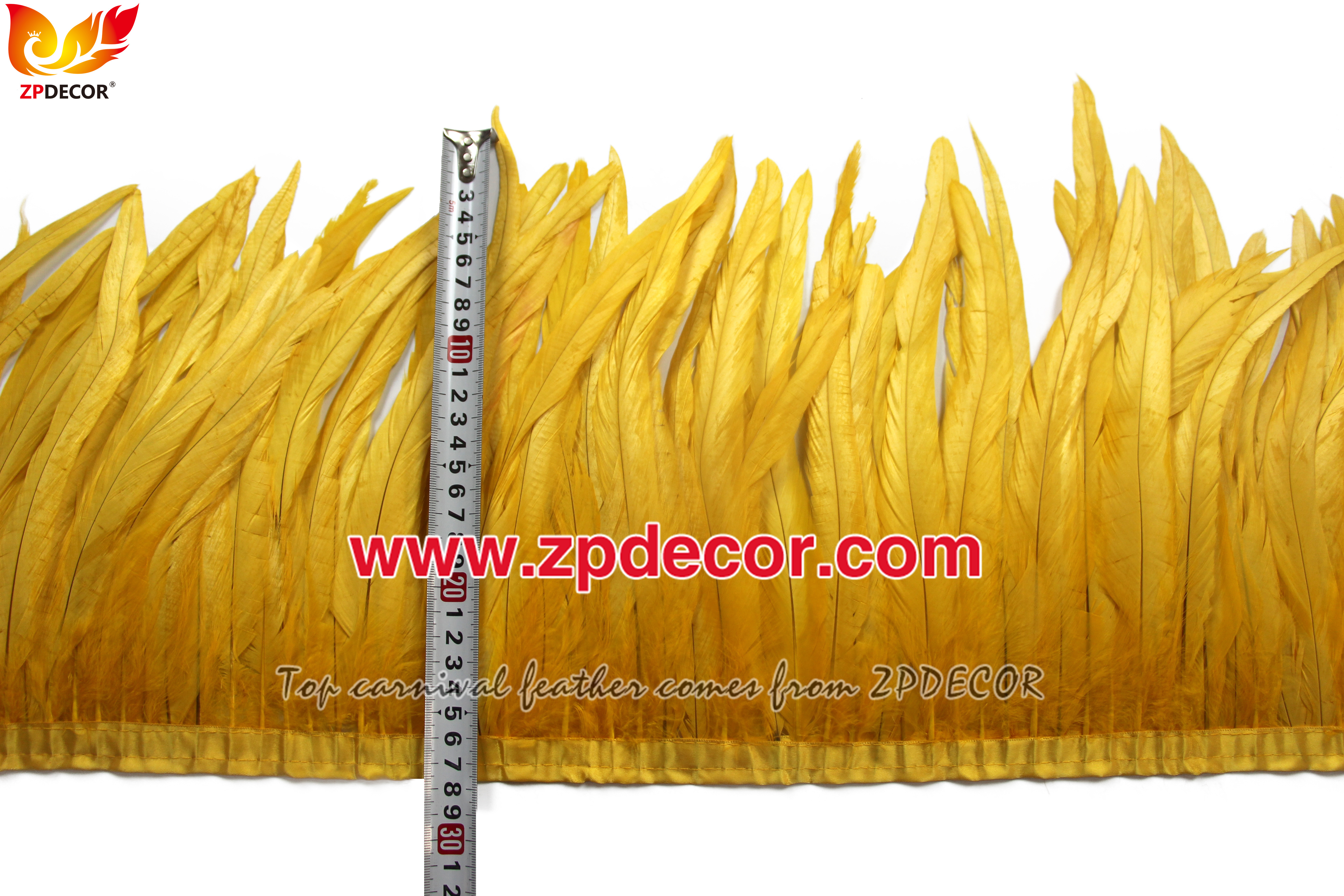 Zpdecor Feathers Factory Wholesale 25-30 cm Bleached Dyed Gold Yellow Rooster Coque Tail Feathers Trim for Notting Hill Carnival