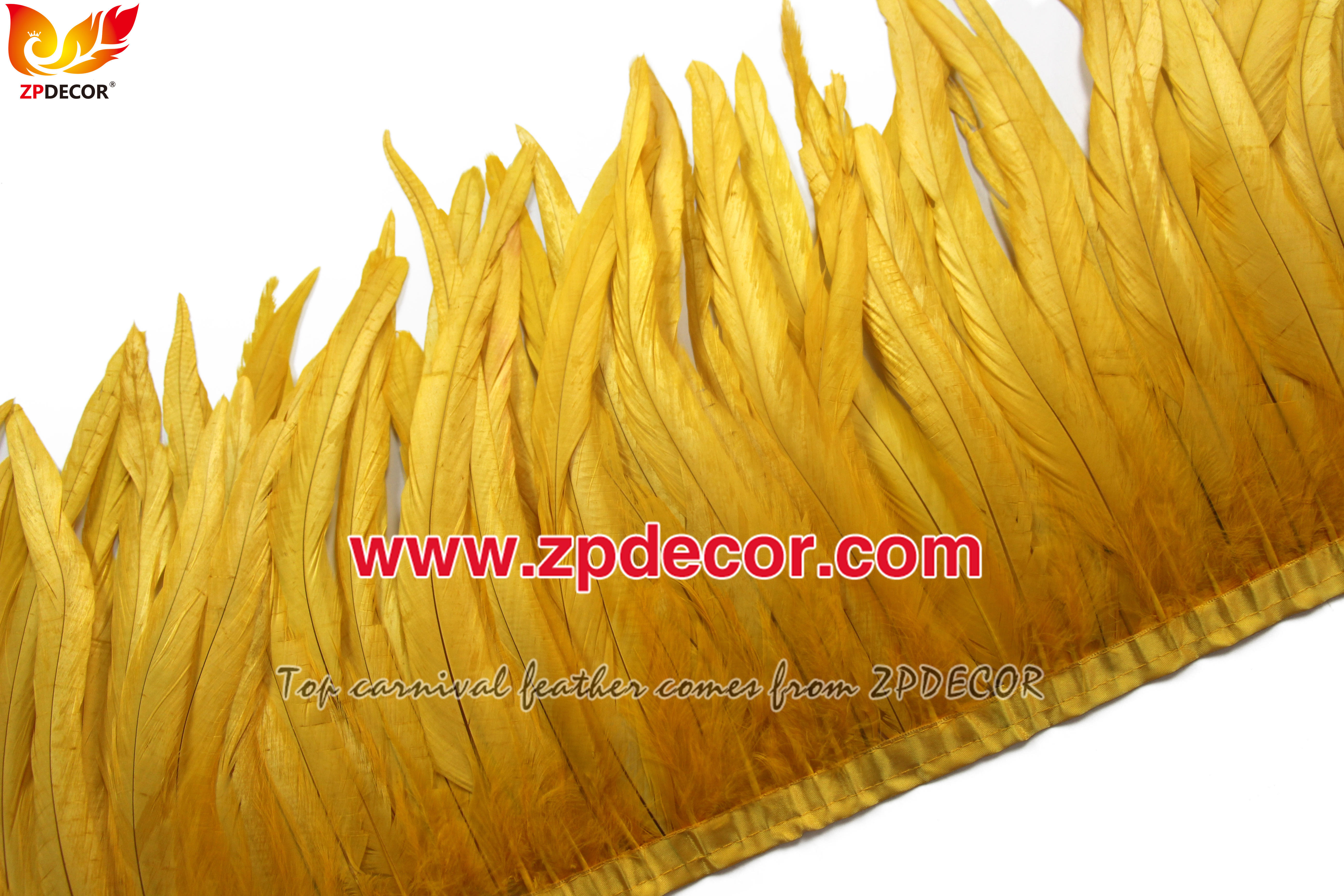 Zpdecor Feathers Factory Wholesale 25-30 cm Bleached Dyed Gold Yellow Rooster Coque Tail Feathers Trim for Notting Hill Carnival