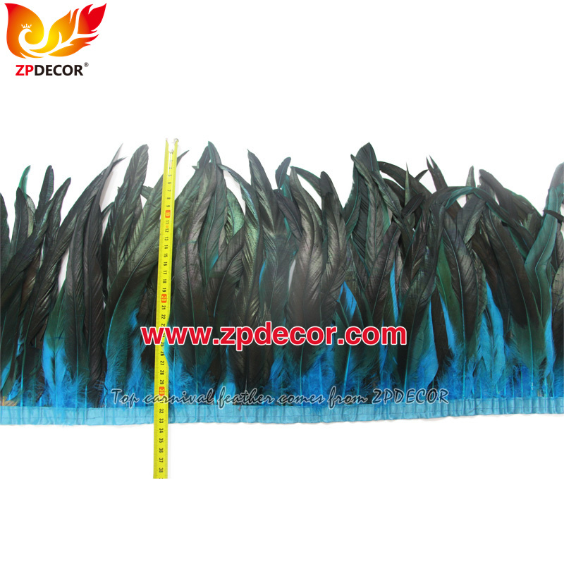 Zpdecor Feathers Factory Wholesale 30-35cm Dyed Turquoise Rooster Coque Tail Feathers Trim for Bahams Jankanoo Carnival