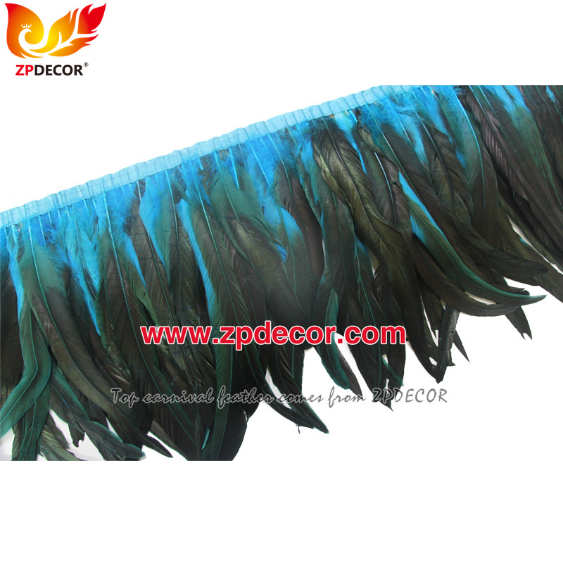 Zpdecor Feathers Factory Wholesale 30-35cm Dyed Turquoise Rooster Coque Tail Feathers Trim for Bahams Jankanoo Carnival