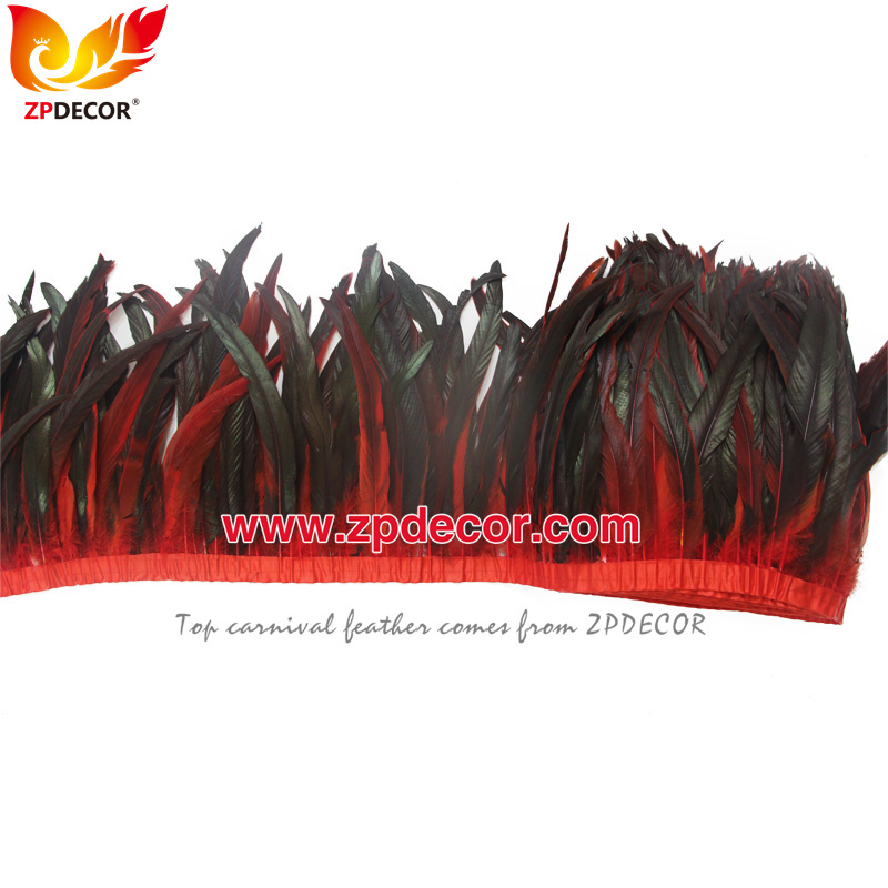 Zpdecor Feathers Factory Wholesale 30-35cm Dyed Red Rooster Coque Tail Feathers Trim for Bahams Jankanoo Carnival