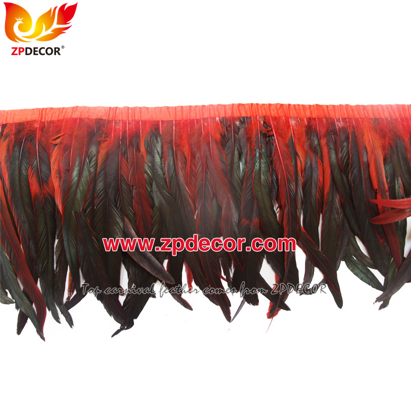 Zpdecor Feathers Factory Wholesale 30-35cm Dyed Red Rooster Coque Tail Feathers Trim for Bahams Jankanoo Carnival