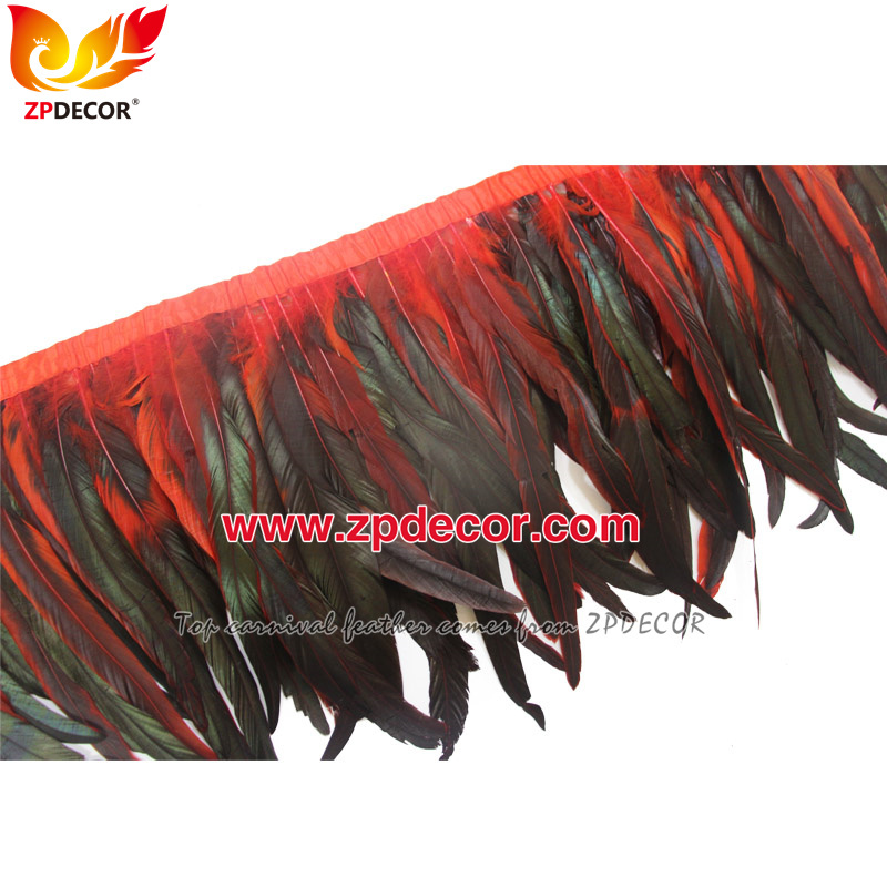 Zpdecor Feathers Factory Wholesale 30-35cm Dyed Red Rooster Coque Tail Feathers Trim for Bahams Jankanoo Carnival