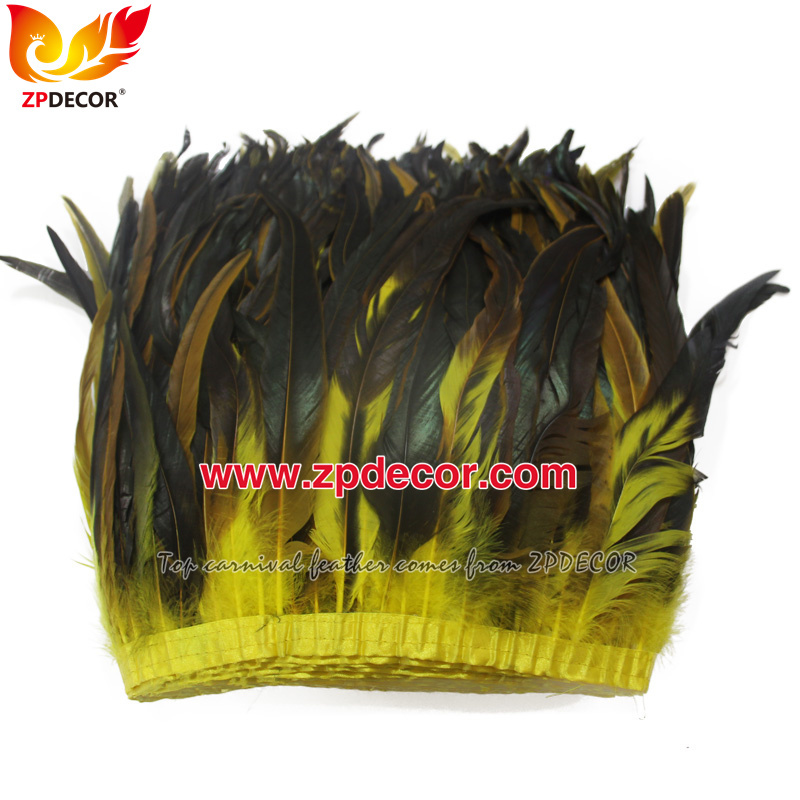 Zpdecor Feathers Factory Wholesale 30-35cm Dyed Yellow Rooster Coque Tail Feathers Trim for Bahams Jankanoo Carnival