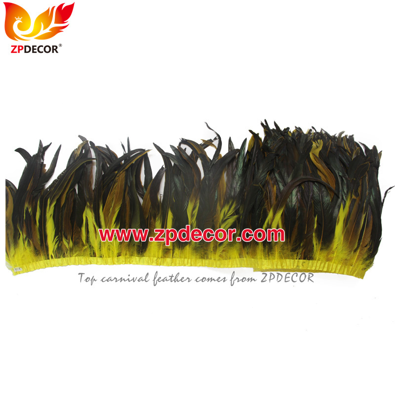 Zpdecor Feathers Factory Wholesale 30-35cm Dyed Yellow Rooster Coque Tail Feathers Trim for Bahams Jankanoo Carnival