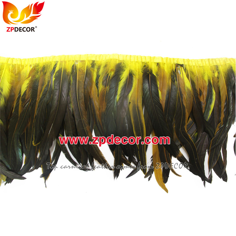Zpdecor Feathers Factory Wholesale 30-35cm Dyed Yellow Rooster Coque Tail Feathers Trim for Bahams Jankanoo Carnival