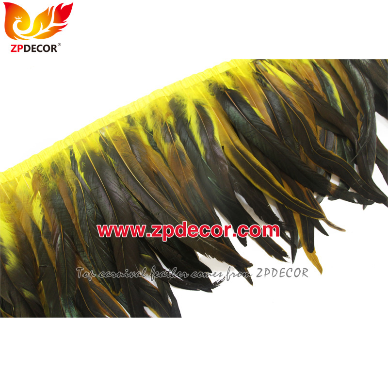 Zpdecor Feathers Factory Wholesale 30-35cm Dyed Yellow Rooster Coque Tail Feathers Trim for Bahams Jankanoo Carnival