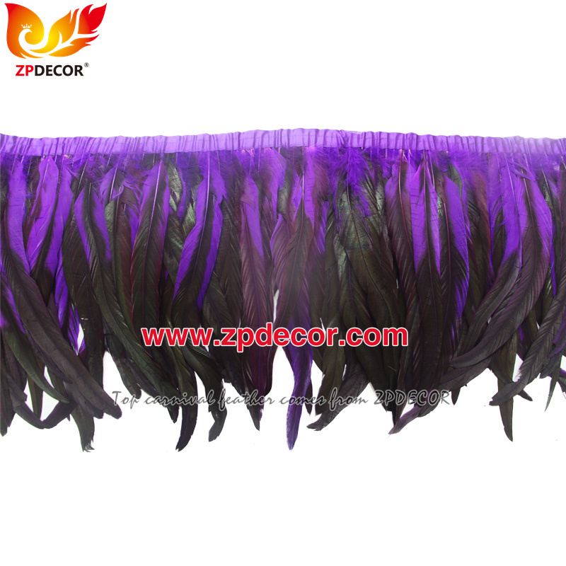 Zpdecor Feathers Factory Wholesale 30-35cm Dyed Purple Rooster Coque Tail Feathers Trim for Miami and Bahams Jankanoo Carnival