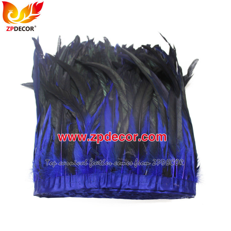 Zpdecor Feathers Factory Wholesale 30-35cm Dyed Royal Blue Rooster Coque Tail Feathers Trim for Bahams Jankanoo Carnival